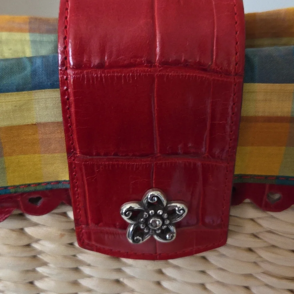 Brighton Straw Weave Madras Print Red Leather Trim Basket Bag With Heart Accents